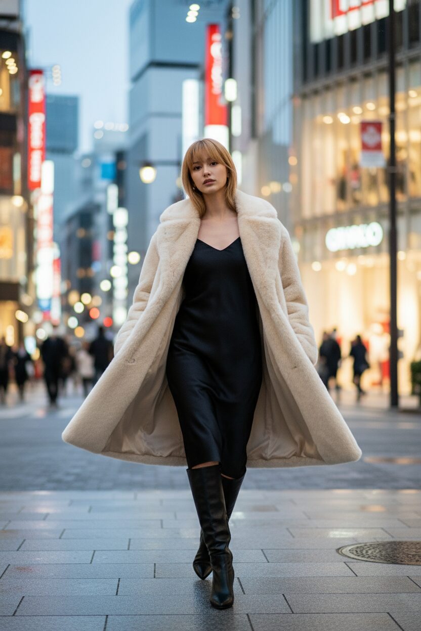 夕暮れの銀座の街を歩く、30代前半のおしゃれな日本人女性。クリーム色のボリューミーなエコファーコートを黒のスリップドレスの上に羽織り、レザーのニーハイブーツを合わせたラグジュアリーなストリートスタイル。街の灯りが背景を柔らかく照らしている。