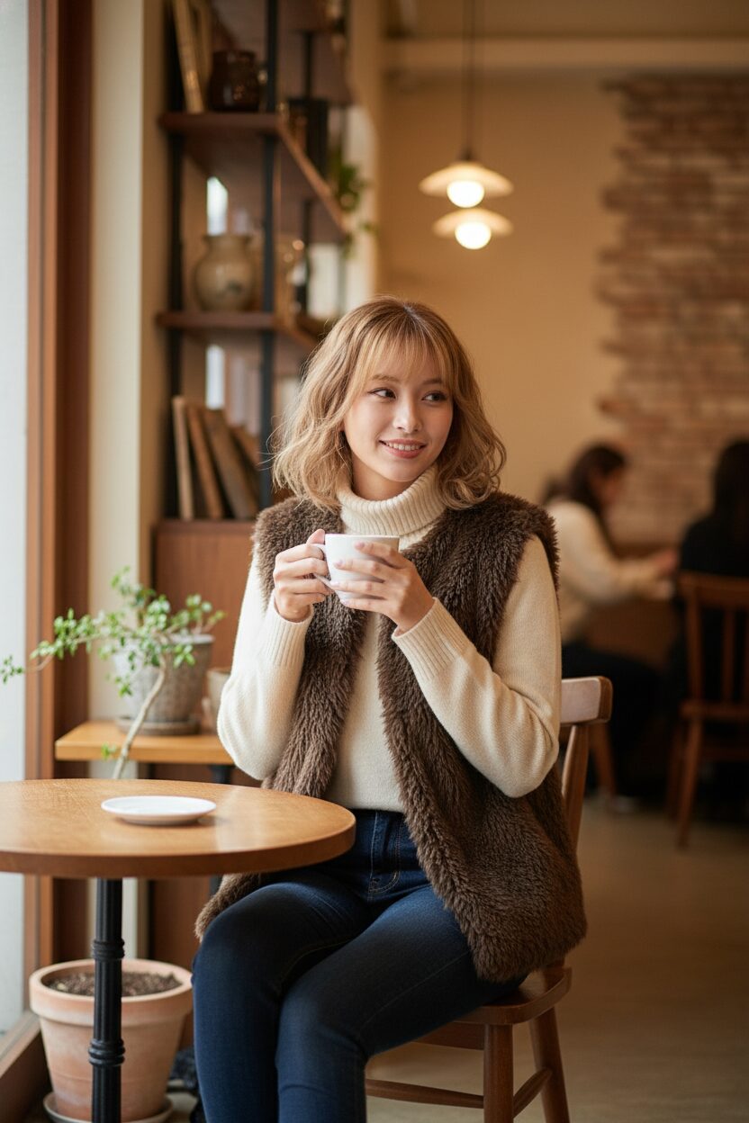 居心地の良いおしゃれなカフェで、クリーム色のタートルネックセーターとダークジーンズに、こげ茶色のカーリーなエコファーベストを重ね着した女性。コーヒーカップを手に、優しく微笑んでいる。温かみのある光が心地よい雰囲気の一枚。