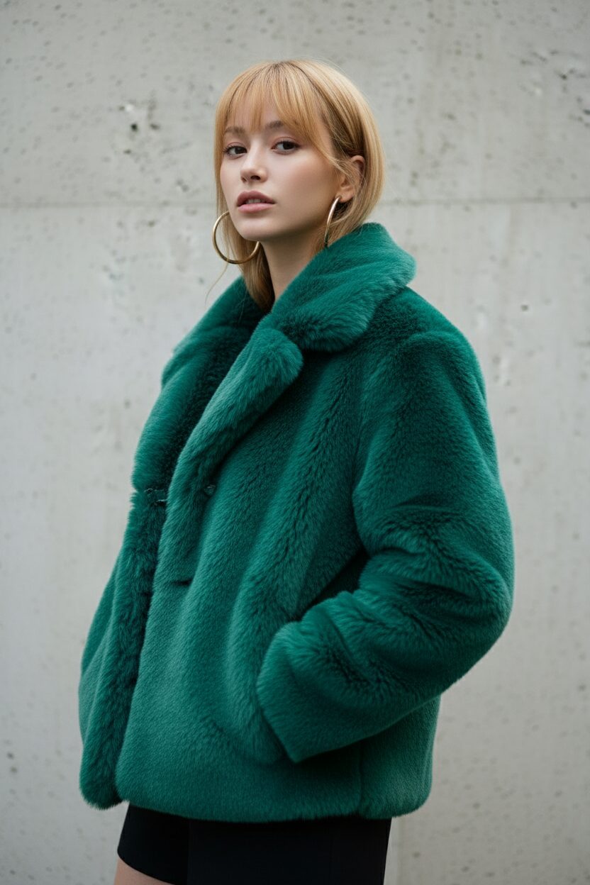 鮮やかなエメラルドグリーンのショート丈エコファージャケットをまとった女性の、ミニマルなファッションポートレート。ジャケットの色と質感が際立つよう、背景はシンプルなグレーの壁。自信に満ちた表情が印象的。