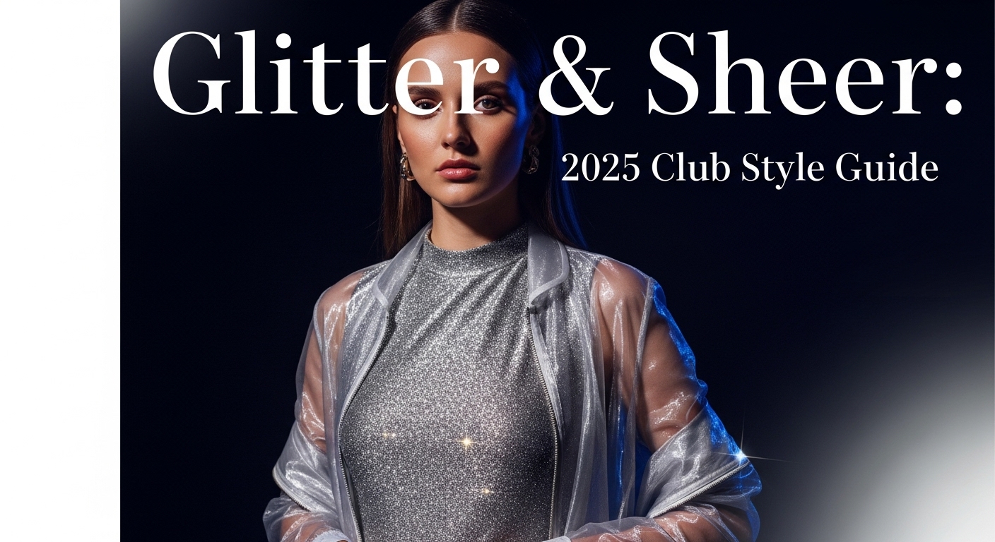 ネオンの光が反射するクラブで、ホログラフィックなスパンコールのキャミソールの上にラベンダー色のシアーシャツを重ね着した日本人女性。