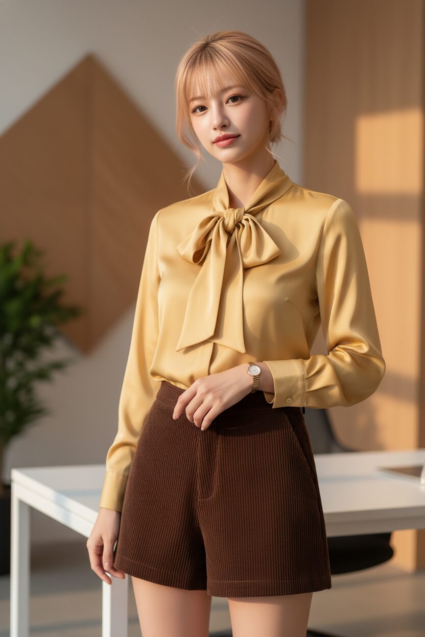 秋のオフィスコーディネートのディテールに焦点を当てたクローズアップ写真。ダークブラウンのコーデュロイ素材のマイクロミニパンツに、バターイエローのとろみ感があるシルクのボウタイブラウスを合わせている。袖口からのぞく華奢なゴールドの腕時計が、上品なアクセントになっている。
