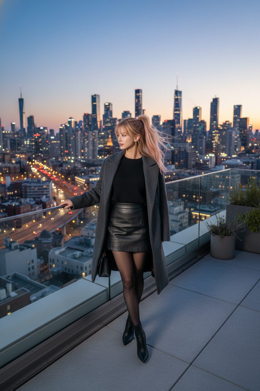 夕暮れの街並みを見下ろす屋上テラスに立つ女性。黒いレザーのマイクロミニパンツに黒のカシミアセーター、チャコールグレーのオーバーサイズコートを羽織った、洗練されたモノトーンコーディネート。オフィスパーティにも映える、ミニマルで力強いスタイル。