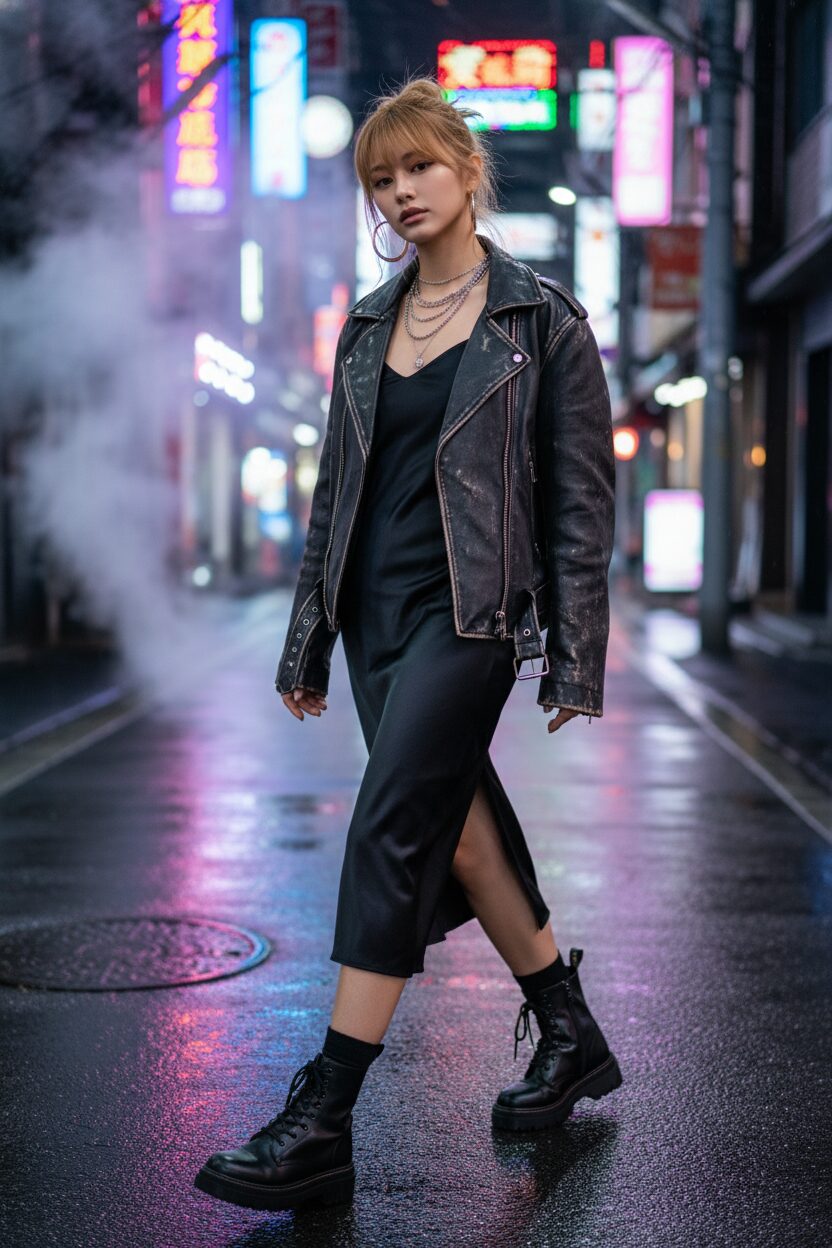 ネオンが輝く夜の東京の街角で、黒いサテンのスリップドレスにオーバーサイズのレザージャケットを羽織り、ごつめのコンバットブーツを履いた20代の日本人女性が颯爽と歩いている全身写真。