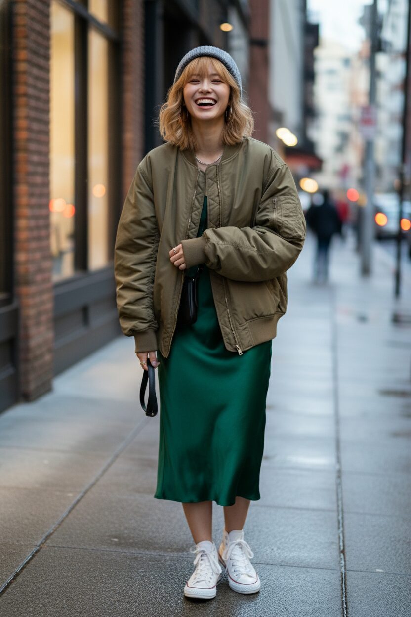夕暮れ時の街角で、フォレストグリーンのサテンスリップドレスにカーキ色のオーバーサイズボンバージャケットを羽織り、楽しそうに笑っている20代前半の日本人女性。