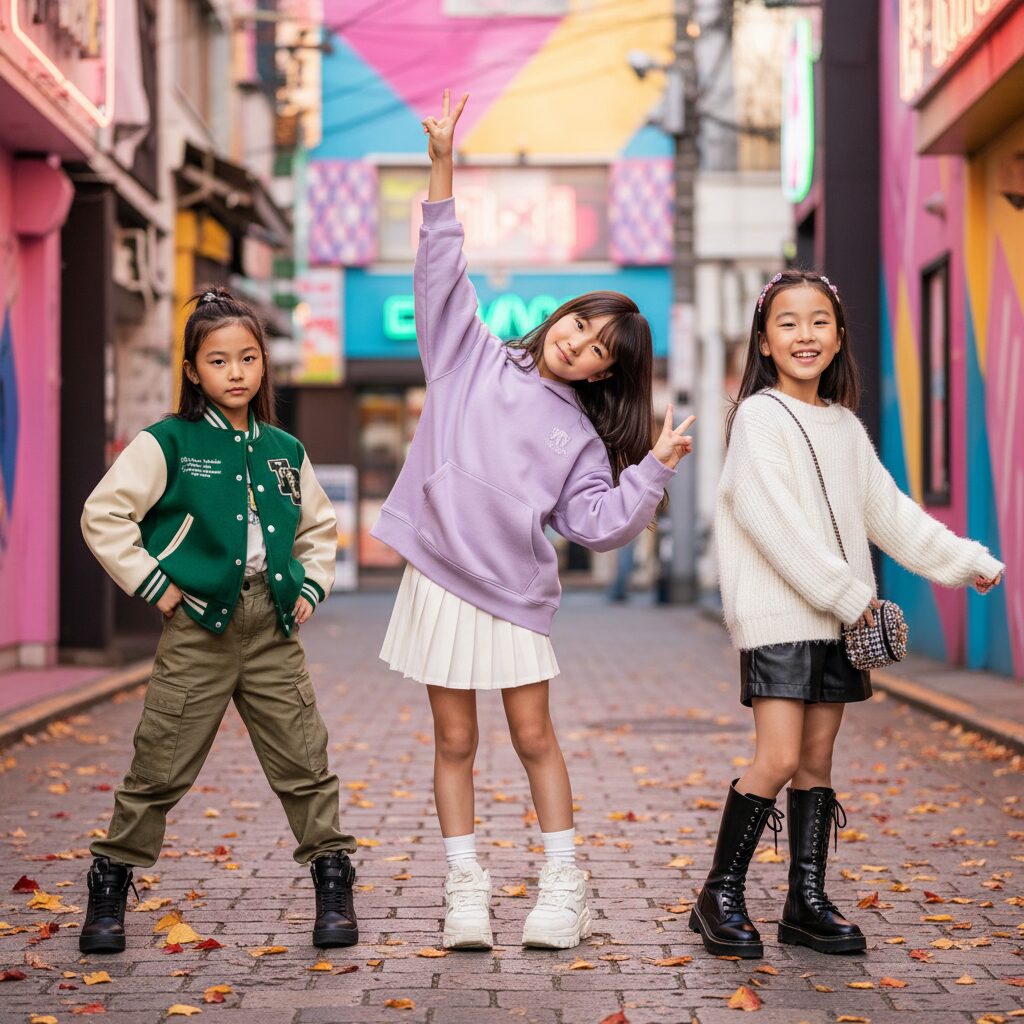 原宿のようなカラフルな街角でポーズをとる3人の女子小学生。中央の子はパステルカラーのオーバーサイズパーカーにプリーツミニスカート。左の子はスタジャンとカーゴパンツ。右の子はふわふわの白ニットに黒のレザーショートパンツ。秋の光。
