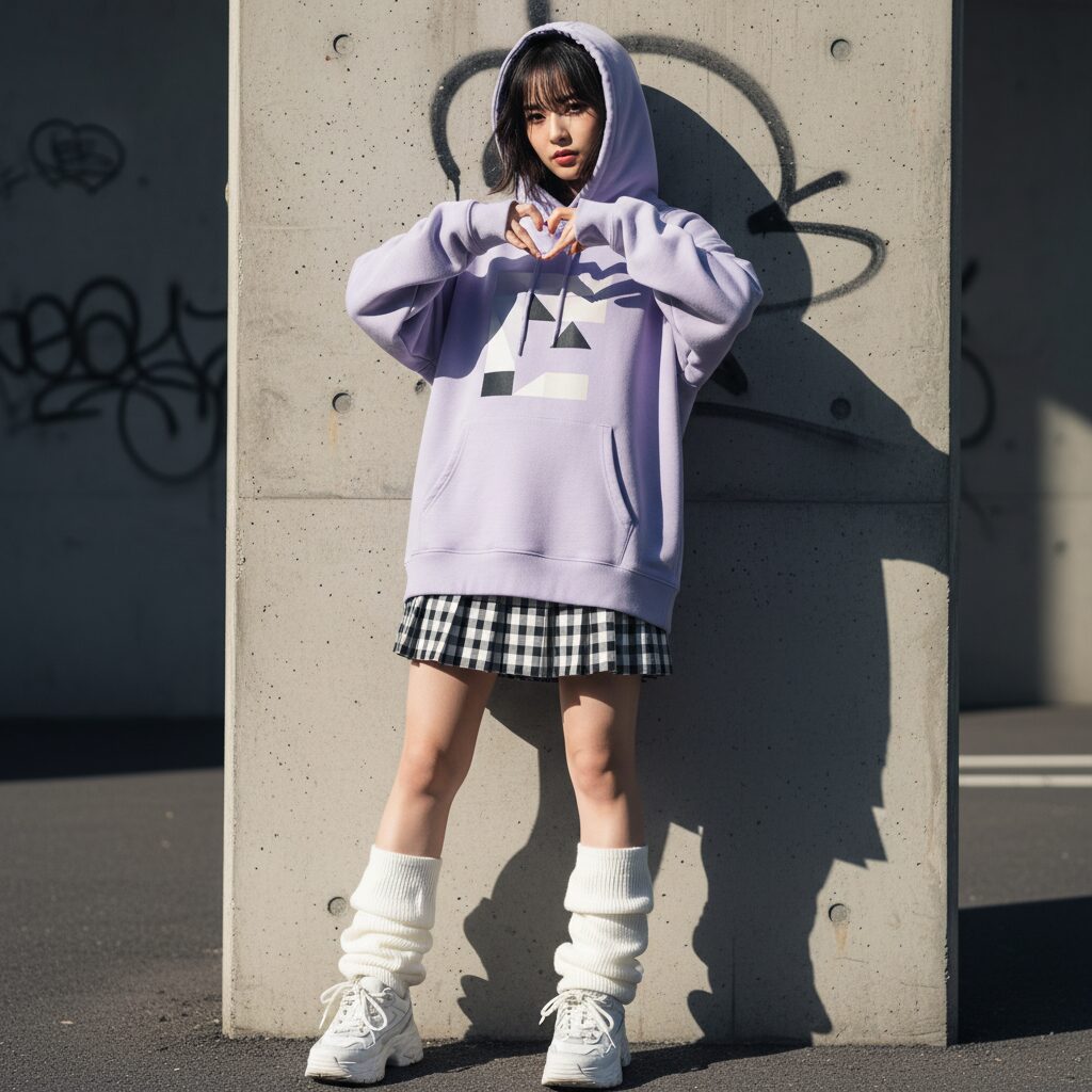 コンクリートの壁を背景に立つ女子小学生。ラベンダー色のオーバーサイズロゴパーカー、チェック柄のプリーツミニスカート、白いルーズソックスに厚底ダッドスニーカーを着用。指ハートのポーズ。