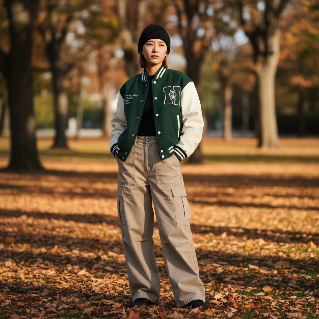 公園で自信ありげに立つクールな女子小学生。深緑と白のスタジャン、ポケットがたくさんついたベージュのワイドカーゴパンツ、黒いビーニーを着用。片手をポケットに入れている。周囲には落ち葉。