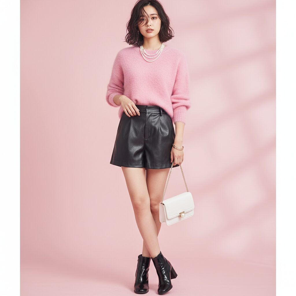 ソフトピンクの背景でのスタジオ撮影。ふわふわのアンゴラピンクニットを黒のフェイクレザーショートパンツにインした甘めな雰囲気の女子小学生。パールネックレスをし、小さなショルダーバッグを持っている。甘辛ミックス。