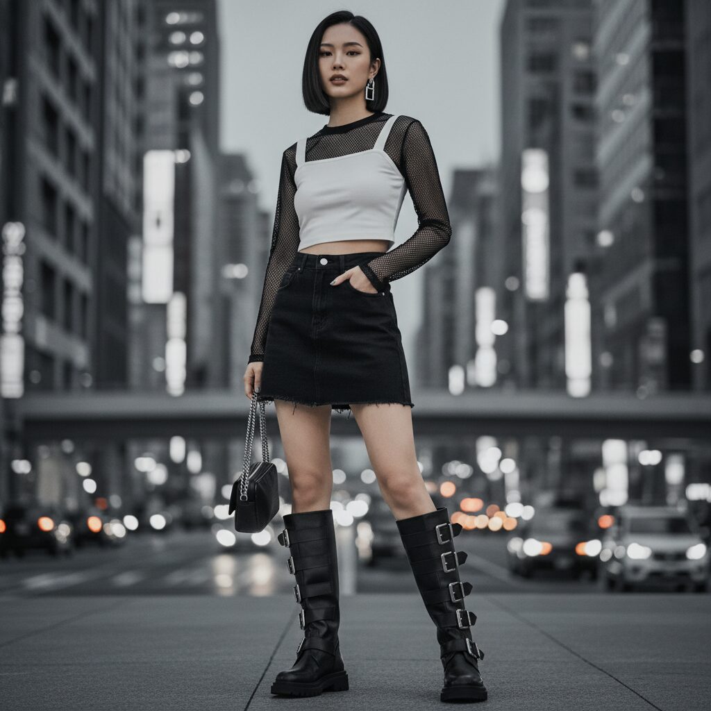 都会の街並みを背景にしたスタイリッシュな女子小学生。白黒のモノトーンコーデ。白のクロップド丈トップスに黒のシアーメッシュ長袖を重ね着し、黒のデニムスカート、シルバーバックル付きの黒ロングブーツ。