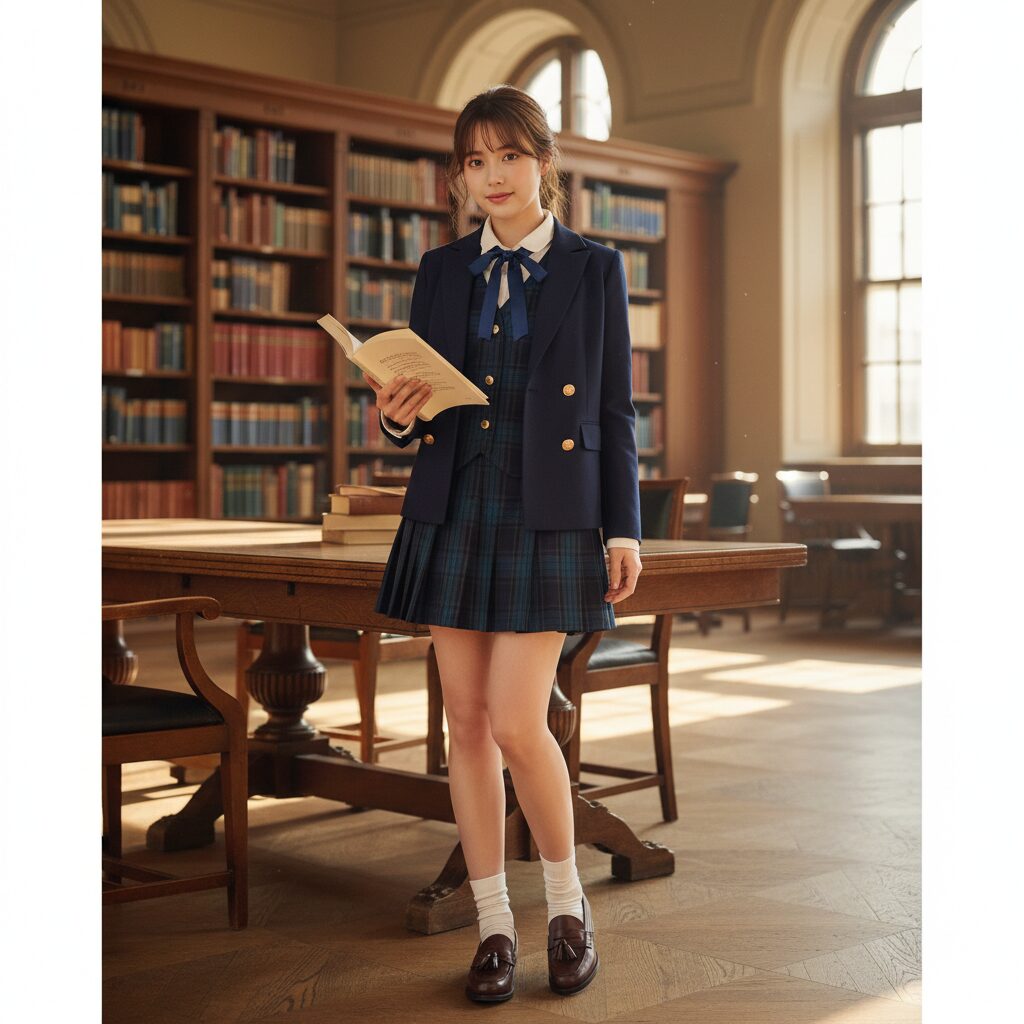図書館や学校のような背景。金ボタンのネイビーブレザー、お揃いのチェック柄セットアップ（ベストとスカート）、ローファーを着用したプレッピーな女子小学生。本を持って微笑んでいる。韓国制服風ファッション。