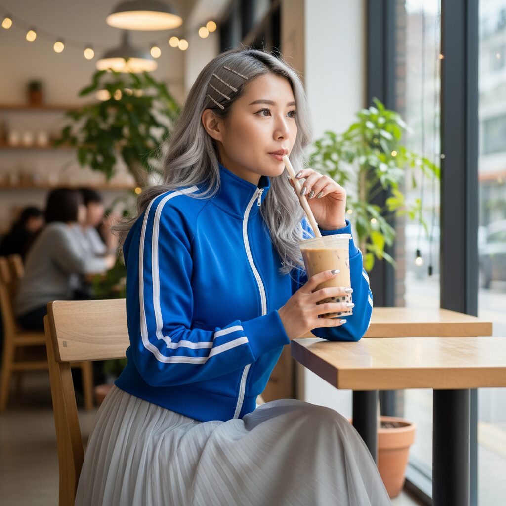 カフェでのミディアムショット。トラックジャケット（ジャージ）のジッパーを首元まで上げ、柔らかいチュールスカートを合わせたスポーティーミックスコーデの女の子。シルバーのヘアピンをつけ、タピオカドリンクを飲んでいる。