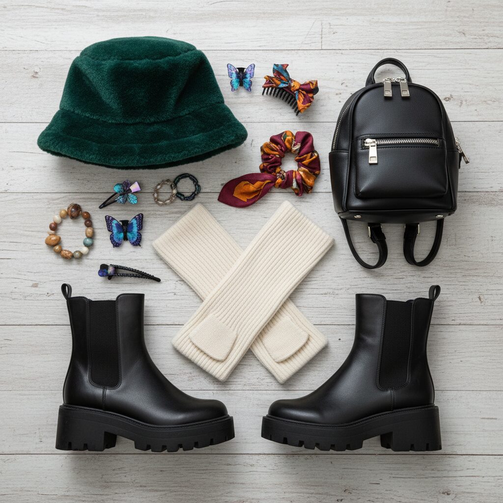 真上から撮影した物撮り写真。2025年秋冬JSファッションの必須アイテム：アームウォーマー、厚底ブーツ、バケットハット、ミニリュック、カラフルなヘアアクセサリーが木目調の背景に綺麗に並べられている。