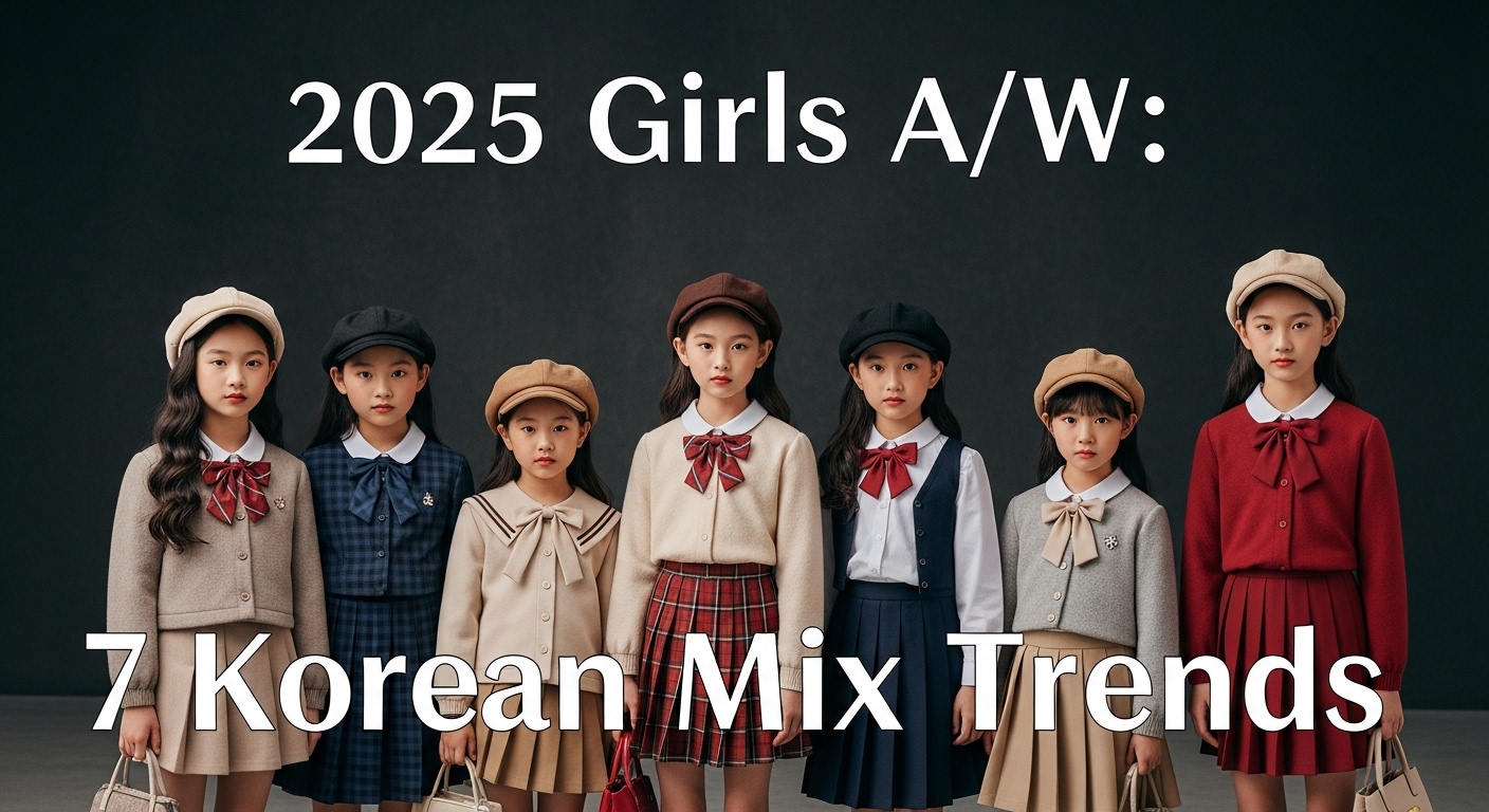 2025年秋冬トレンドファッションに身を包んだ小学生女子たちのグループショット。韓国風スタイルと甘辛ミックスコーデ。