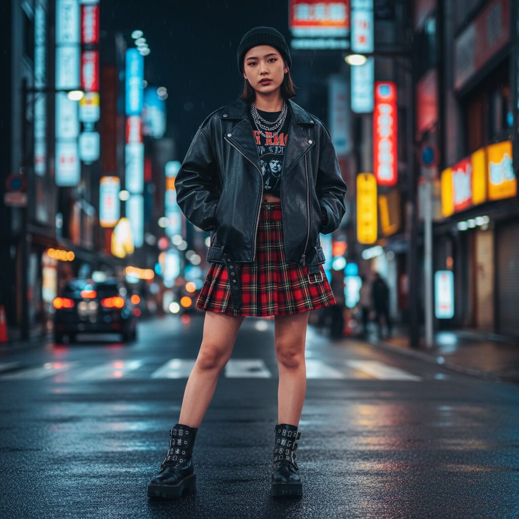 ネオンが輝く夜の渋谷の街を背景に、黒のオーバーサイズレザージャケットに赤と黒のチェック柄プリーツミニスカートを合わせた女性。足元はごつめの厚底コンバットブーツで、クールなヤンカワスタイルを披露している。