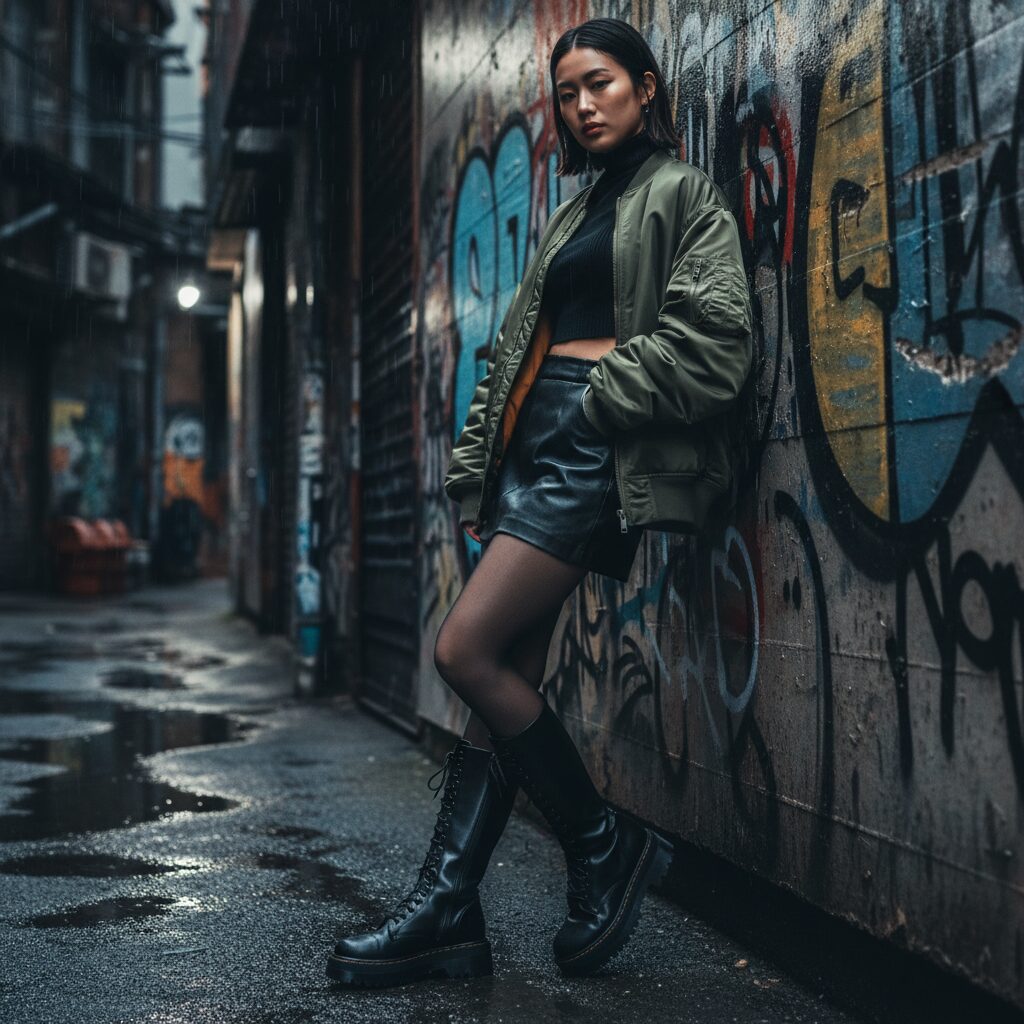 落書きのある都会的な路地裏でポーズをとる女性。カーキ色の光沢があるMA-1ボンバージャケットを羽織り、タイトな黒のレザーミニスカートと厚底のロングブーツを合わせた、シルエットの対比が印象的なコーディネート。