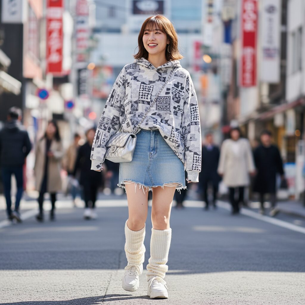 原宿の昼下がり、オーバーサイズのグラフィックパーカーに、裾が切りっぱなしになったウォッシュデニムのミニスカートを合わせたカジュアルなヤンカワスタイルの女性。白の厚底スニーカーとルーズなレッグウォーマーがY2K感をプラスしている。