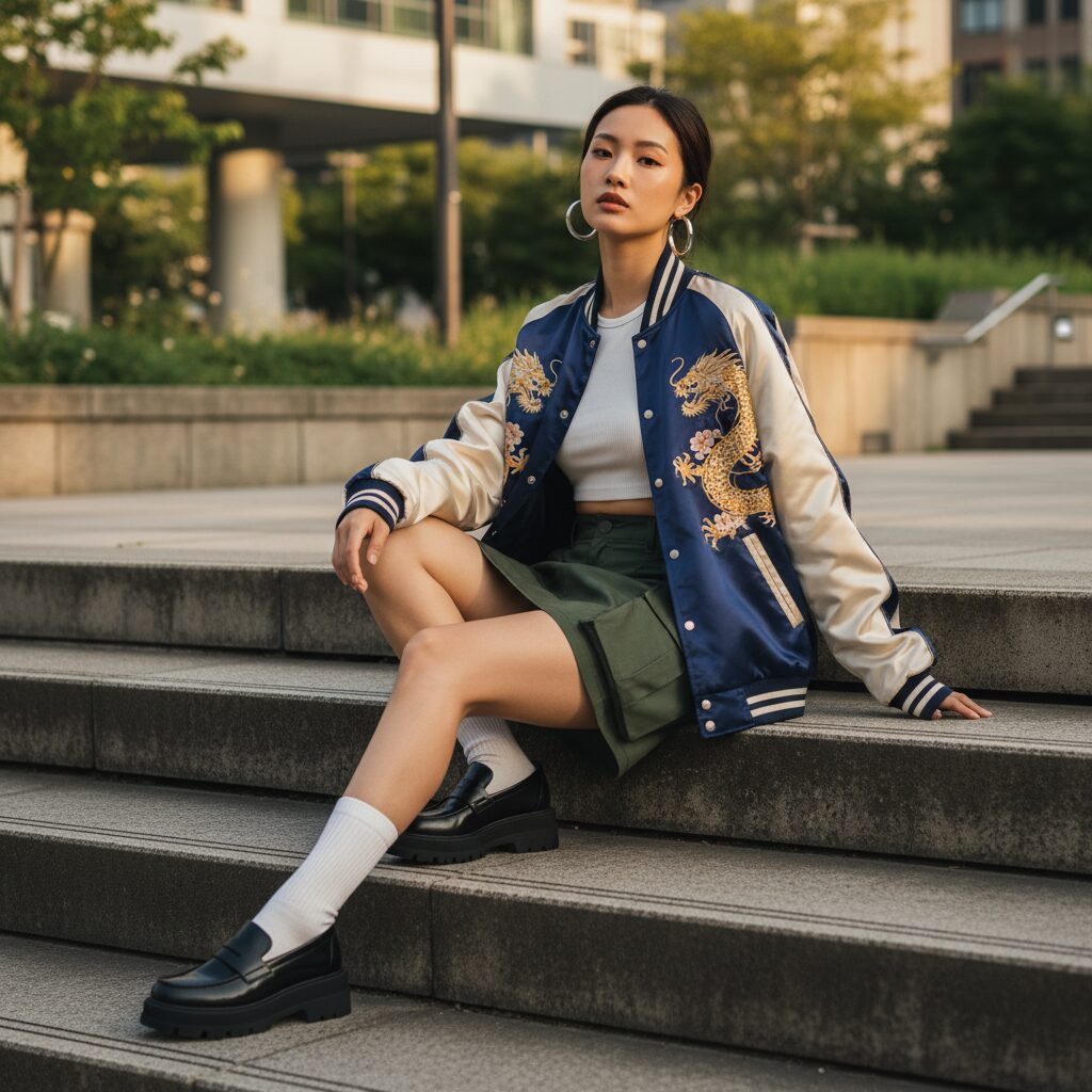 屋外のコンクリート階段に座る女性。背中に刺繍が施されたヴィンテージ風のサテンスカジャンに、カーキのカーゴミニスカートを合わせている。足元は黒の厚底ローファーと白ソックスで、洗練されたストリートスタイルを演出。