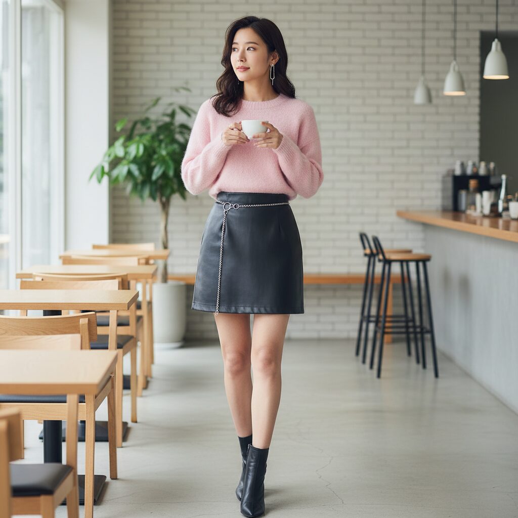 おしゃれなカフェで撮影された一枚。ベビーピンクのふわふわとしたクロップド丈のモヘアニットに、黒のタイトなレザーミニスカートを合わせた甘辛ミックスコーデ。シルバーのチェーンベルトがアクセントになっている。