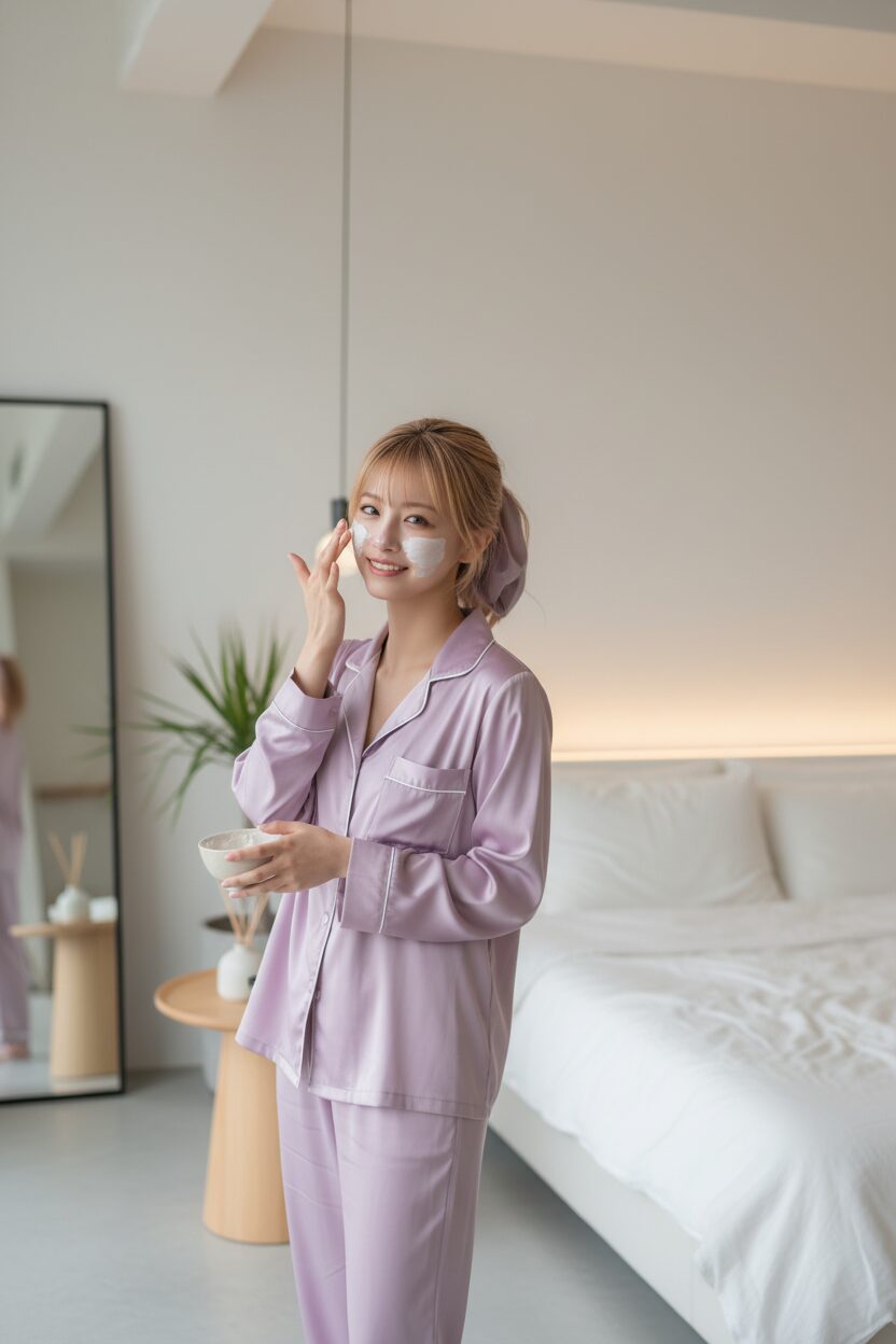 スナイデルホームのエレガントなラベンダー色のサテンパジャマを身に着けた20代後半の日本人女性。モダンな寝室で、美容パックをしながらリラックスしている様子。サテン生地の美しいドレープ感が、上質なおうち時間を演出している。