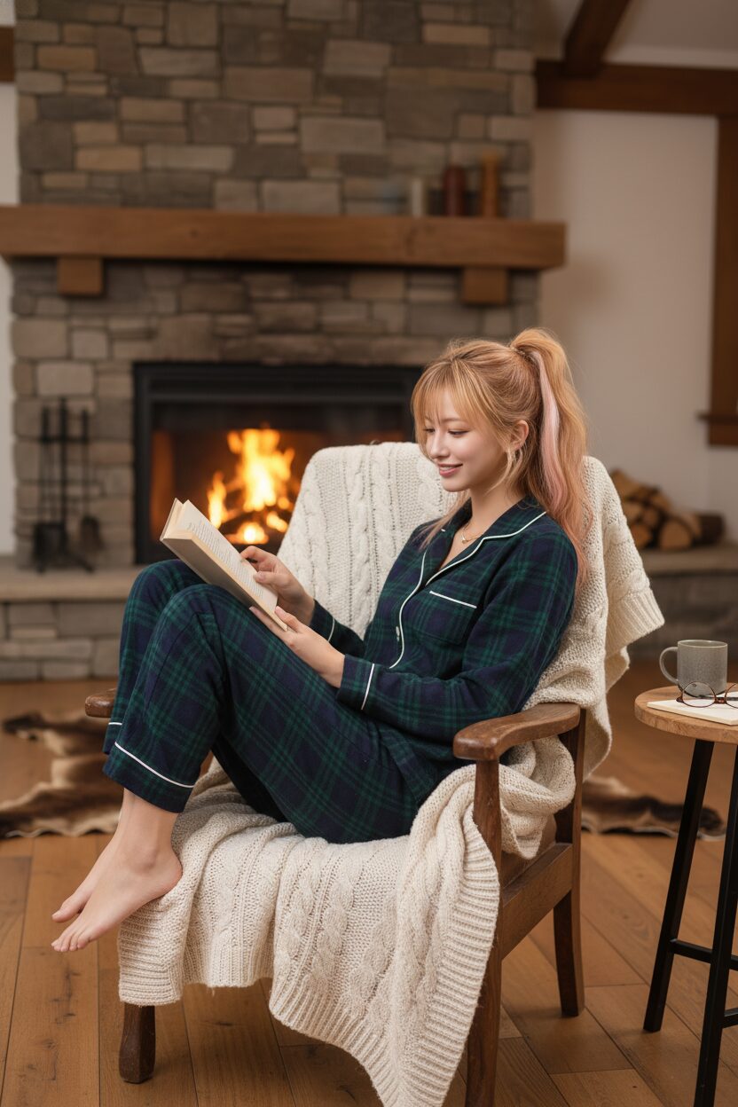 キッドブルーのような、上質なネイビーとグリーンのタータンチェック柄フランネルパジャマを着た女性。暖炉のある山小屋風の部屋で、本を読みながらくつろいでいる。時代を超えて愛される、心地よいリラックスタイムを表現した一枚。