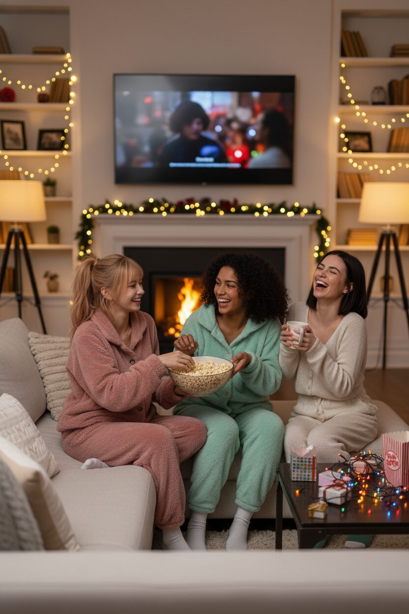 色違いのもこもこルームウェアを着た3人の女性が、楽しそうにパジャマパーティーをしている様子。ポップコーン片手に映画鑑賞をしており、ホリデーシーズンの女子会ならではの華やかでリラックスした雰囲気が描かれている。
