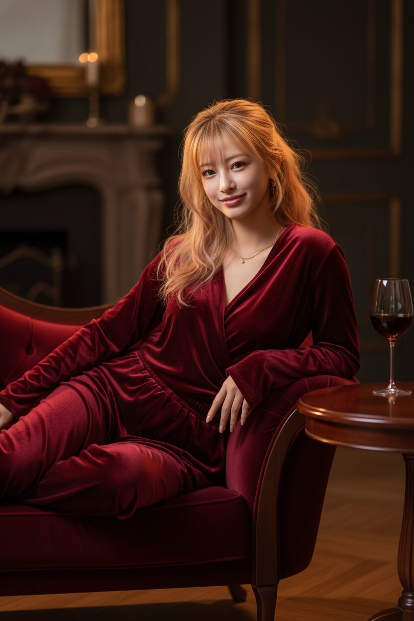 高級感あふれるディープレッドのベロアルームウェアの質感を捉えたクローズアップ。ムーディーな照明が生地の光沢を際立たせ、ワイングラスが添えられており、大人の女性の洗練されたホリデーシーンを演出している。