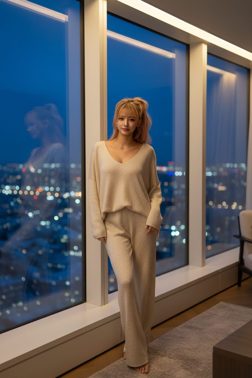 シャンパンゴールドに輝くラメ入りニットのルームウェアをまとった女性の全身ショット。きらめく夜景が見える窓辺に立ち、特別な夜にふさわしい、グラマラスでありながらも心地よい雰囲気を醸し出している。
