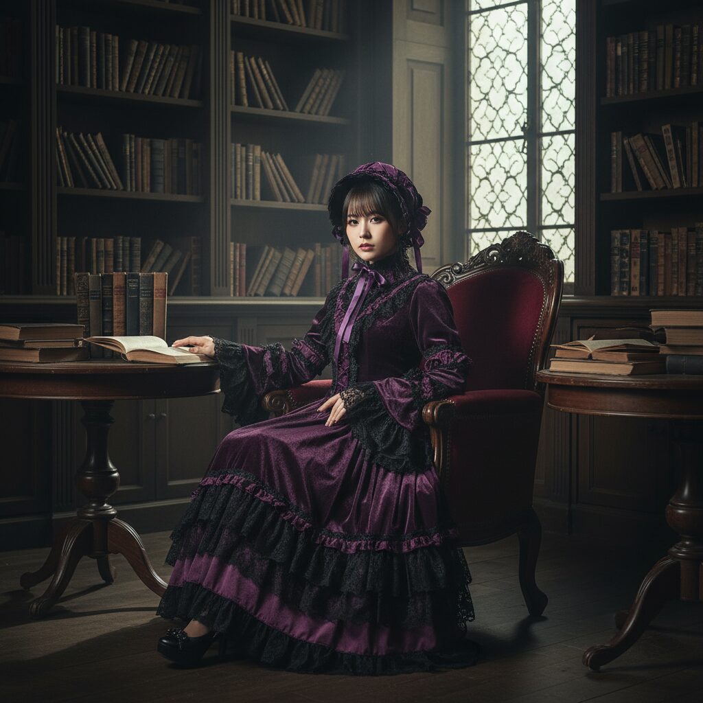 アンティークな図書館の薄暗い光の中、黒いレースが施された優雅な紫のベルベットドレスと揃いのボンネットを身に着けた日本人の女性が椅子に座っている、プロのファッション写真。全身ショットで、ミステリアスかつ洗練された雰囲気を醸し出している。