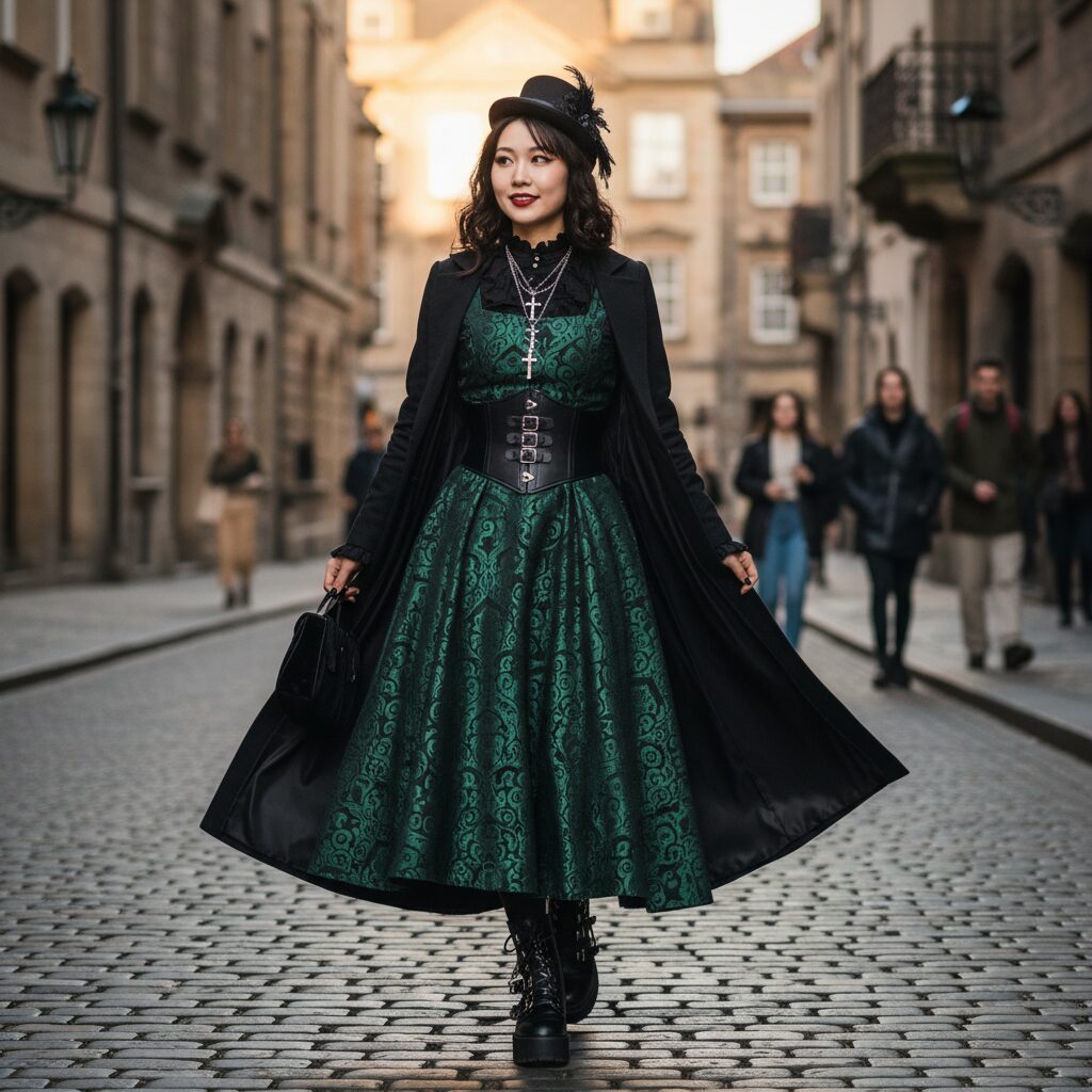 歴史的なヨーロッパの石畳の通りで撮影された、モダンなゴスロリコーディネートの若い女性のストリートスナップ。黒いブラウスに深緑のジャカードジャンパースカート、レザーのコルセットベルトを合わせ、銀の十字架ネックレスを付けている。自然で動きのあるショット。