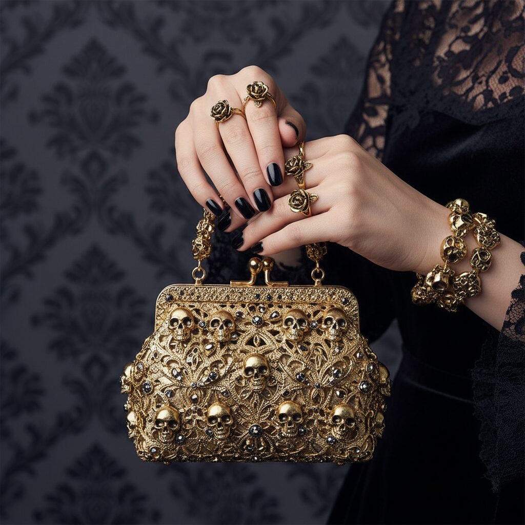 ゴスロリファッションのアクセサリーに焦点を当てたクローズアップ写真。黒いマニキュアを塗った女性の手が、華やかな装飾の小さな金のハンドバッグを持っている。彼女は複雑なデザインの金の指輪と髑髏モチーフのブレスレットを着用している。背景はぼかした暗いダマスク柄で、光がゴールドの輝きを強調している。