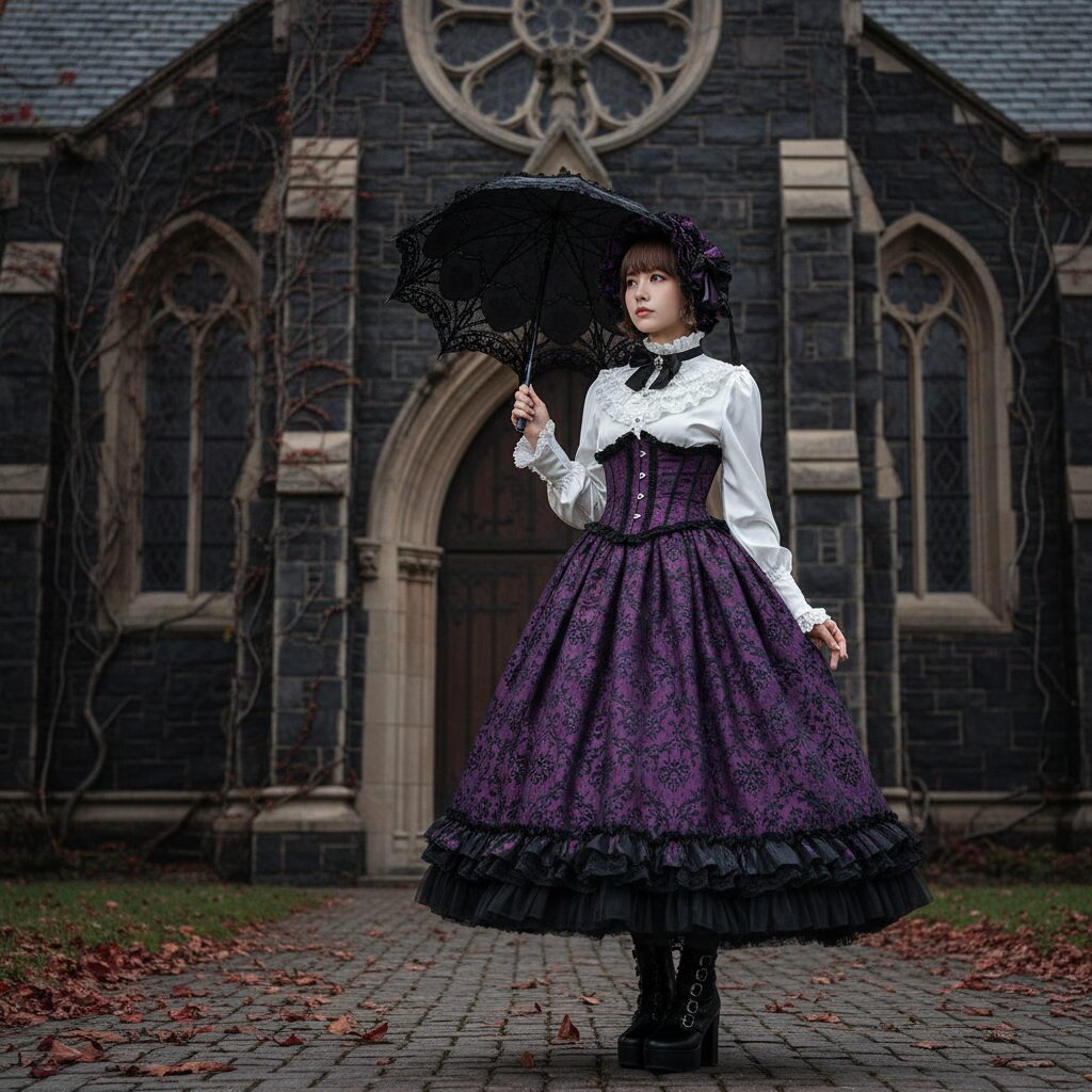 クラシックなゴスロリスタイルの女性の全身写真。フリルのついた長袖の白いブラウスと、パニエで膨らませたボリュームのある紫のスカートを着用。黒いパラソルを持ち、ゴシック様式の教会の前に立っている。エレガントで少し物憂げな雰囲気のプロのファッション撮影。