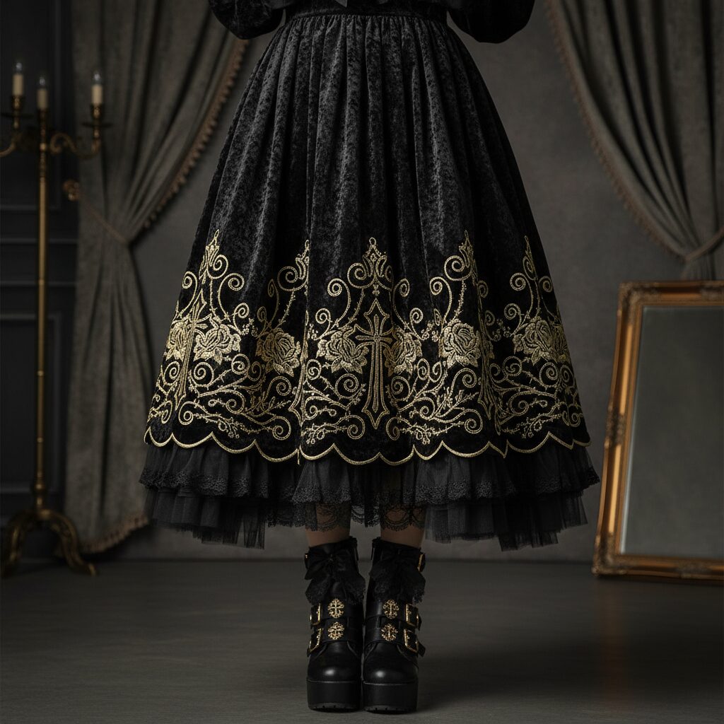 金の刺繍が施されたゴスロリドレスのディテール写真。黒いスカートの裾に焦点が当てられており、薔薇と十字架を描いた複雑で見事な金糸の刺繍が豪華に飾られている。生地は豊かな質感で、柔らかく拡散した光のスタジオで撮影されている。