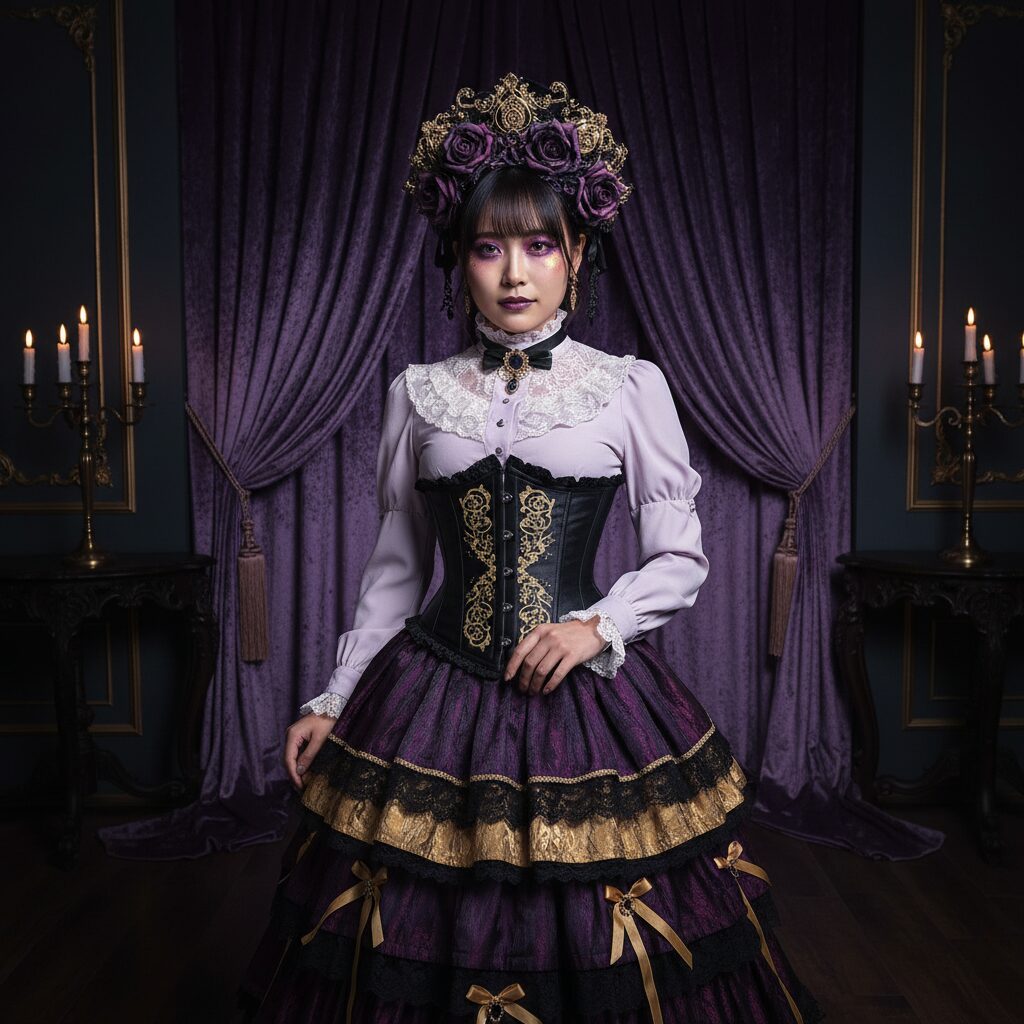 紫と金をミックスしたゴスロリの衣装をまとった女性のドラマチックなポートレート。ラベンダー色のブラウス、黒いコルセット、ティアードスカートを着用。紫のアイシャドウと金のハイライトで完璧なメイクを施し、ミステリアスな表情でカメラをまっすぐ見つめている。背景はベルベットのカーテンがある豪華で暗い部屋。
