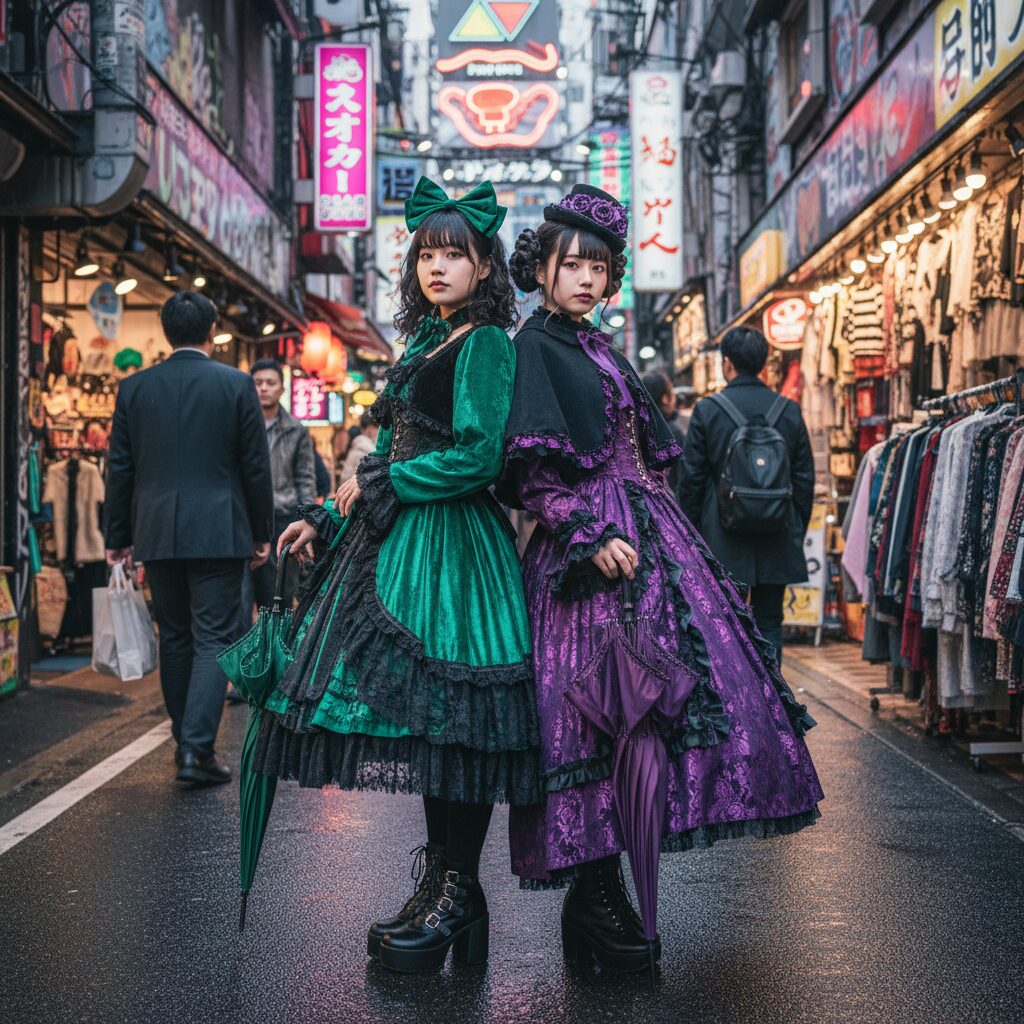 対照的なゴスロリファッションに身を包んだ二人の友人の全身ストリートスナップ。一人は緑と黒、もう一人は紫と黒のコーディネート。原宿のような東京のおしゃれな街で、背中合わせに立ち、それぞれのユニークなスタイルを披露している。活気に満ちたファッショナブルな雰囲気。