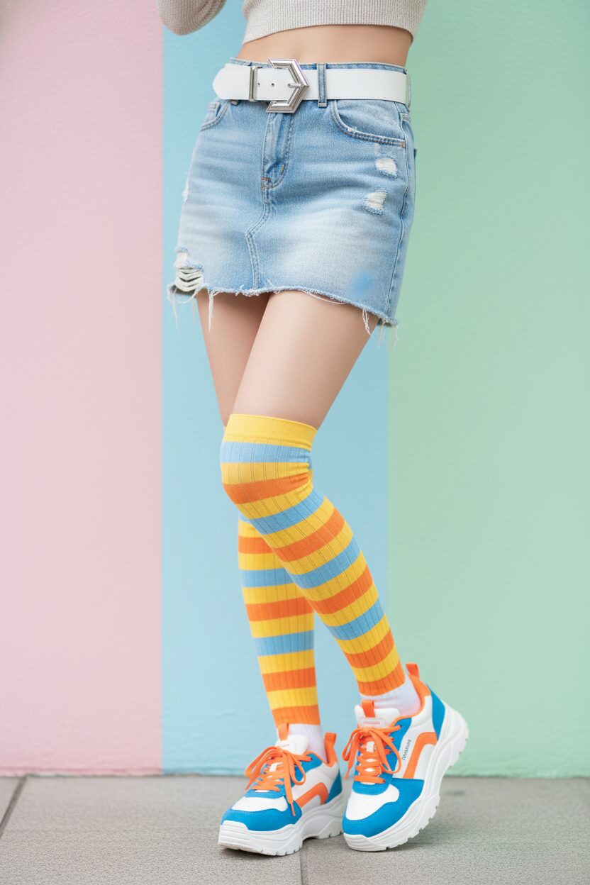 ローライズのマイクロミニスカートに、存在感のあるベルトを合わせた女性の腰から下のアップ。カラフルなハイソックスとレトロなスニーカーをコーディネートしており、パステルカラーの壁を背景にした、明るくポップなストリートファッション風の写真。