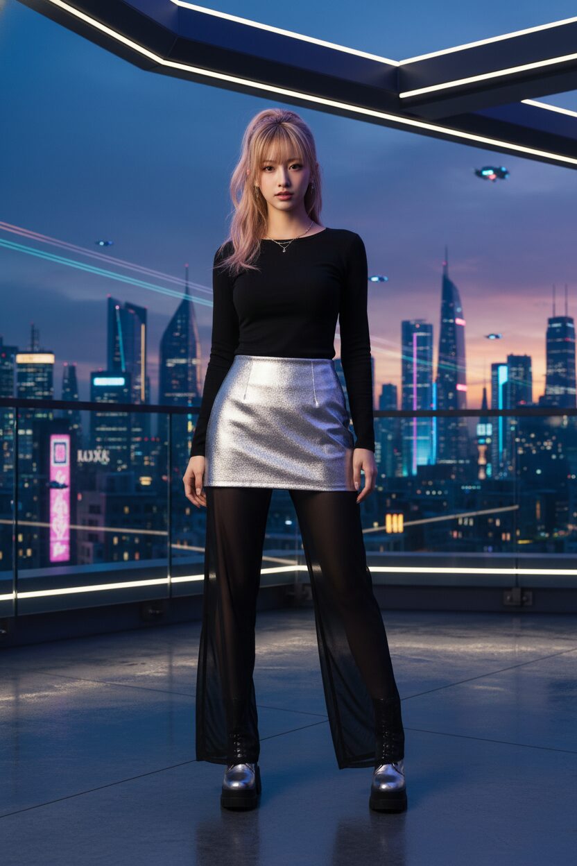夕暮れの街を見下ろす屋上でポーズをとる、マイクロミニスカートのレイヤードスタイルがお洒落な女性。シルバーメタリックのマイクロミニの下に、シアー素材のワイドパンツを重ね着し、黒の長袖シャツを合わせた、未来的でエッジの効いたコーディネート。
