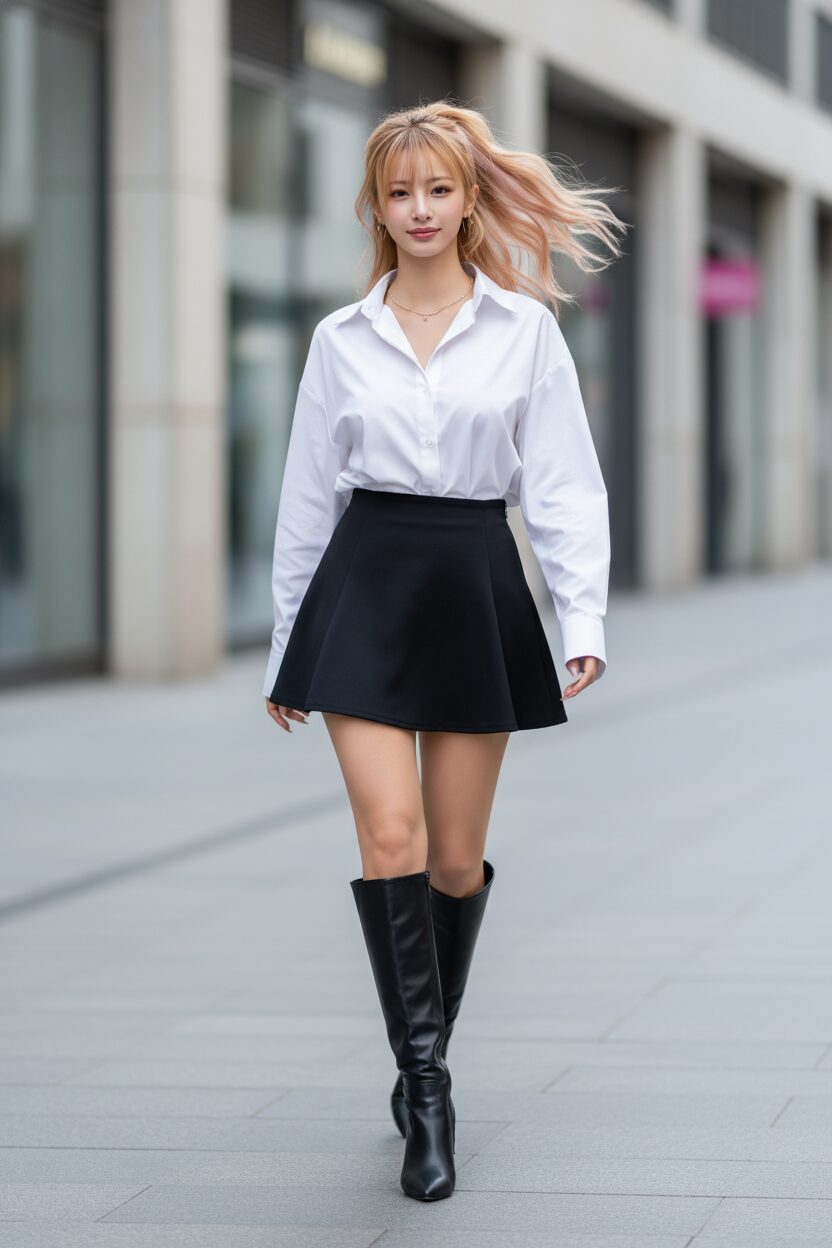 黒い台形のマイクロミニスカートに、白のオーバーサイズシャツの片側だけをタックインし、レザーのニーハイブーツを合わせた女性。モダンで洗練された通りを、自信に満ちた表情でカメラに向かって歩いてくる、プロのファッション写真。