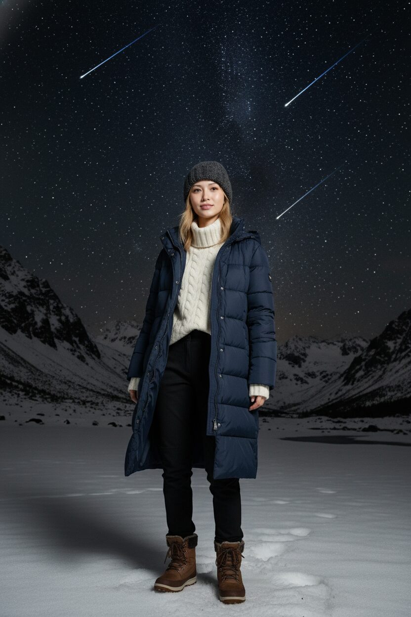 満点の星空が広がる山で、ネイビーのロングダウンコートに白いニット、黒いパンツとブラウンのスノーブーツを合わせた20代の日本人女性が、しし座流星群を背景に微笑んでいる、プロのファッション写真。