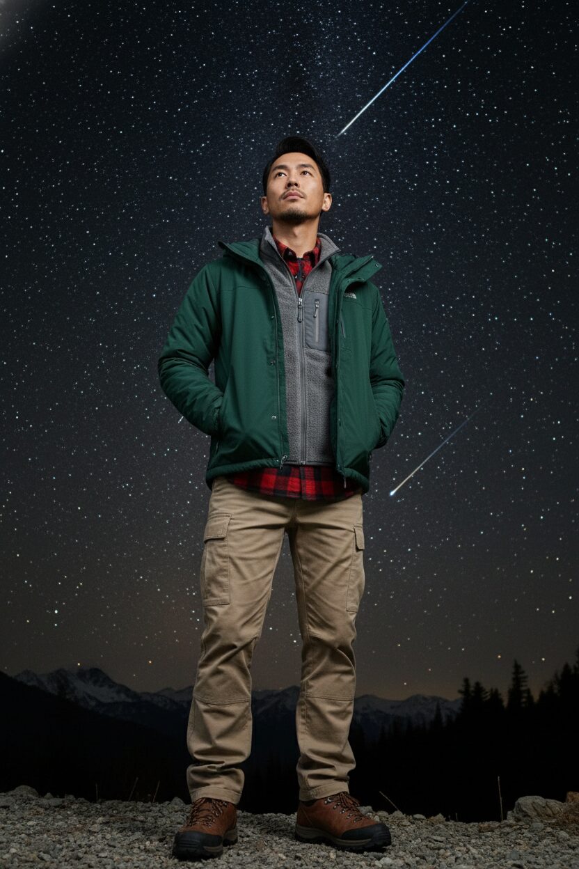流星が輝く夜空の下、ダークグリーンのマウンテンパーカーにフリースのベスト、ベージュのカーゴパンツとトレッキングシューズを合わせた20代の日本人男性が、星を見上げているプロのファッション写真。