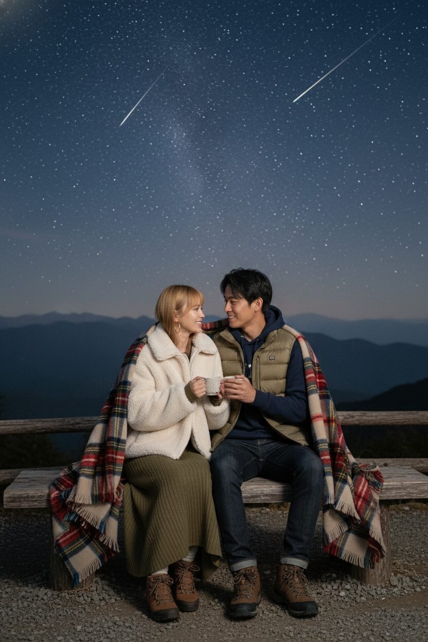 しし座流星群が降り注ぐ山の展望台で、チェック柄のブランケットを共有し、温かい飲み物を片手にお互いを見つめ微笑み合う若い日本人カップル。女性はクリーム色のボアジャケット、男性はカーキのダウンベストを着ている。