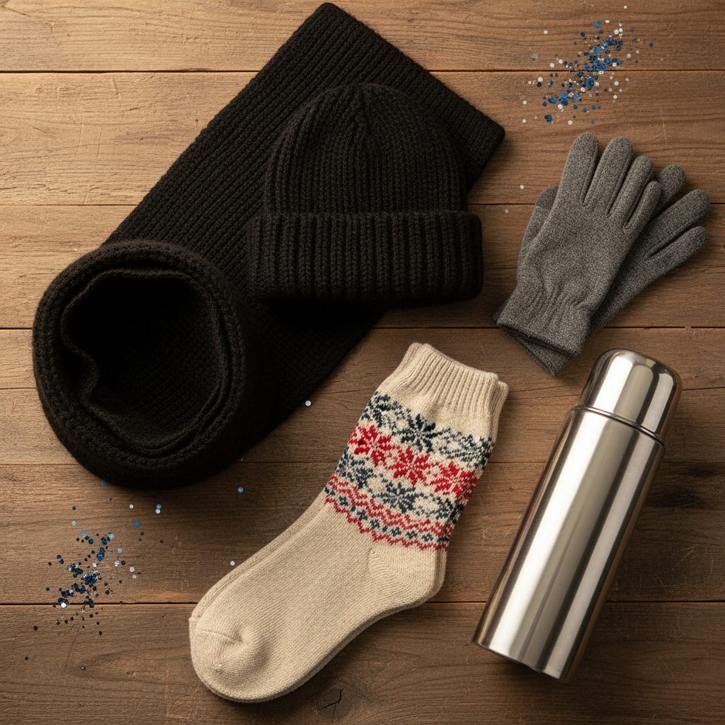 素朴な木製の背景の上に、おしゃれな冬の小物が並べられた置き画。グレーのスマホ対応手袋、黒のニット帽とマフラー、北欧柄の厚手の靴下、そしてステンレス製の魔法瓶が温かみのある光の中で配置されている。