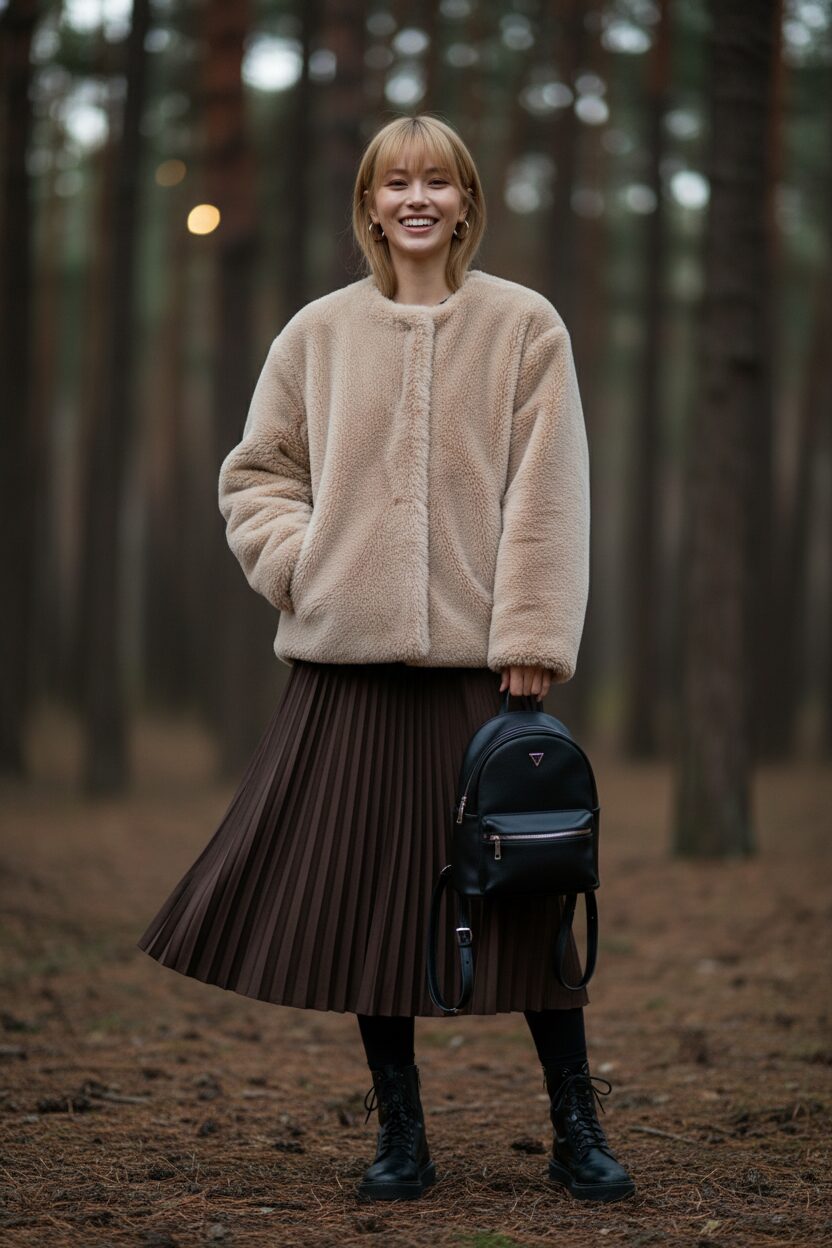 夕暮れの静かな森を背景に、ベージュのオーバーサイズボアジャケット、ダークブラウンのプリーツロングスカートに黒のレギンスとブーツを合わせた、フェミニンで実用的なアウトドアスタイルの20代後半の日本人女性。