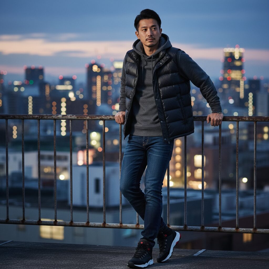 都会の夜景を遠くに望むトワイライトの空の下、黒のダウンベストとチャコールグレーのフーディーを重ね着し、スリムなジーンズとハイキングブーツを合わせた、都会的でリラックスした雰囲気の20代後半の日本人男性。