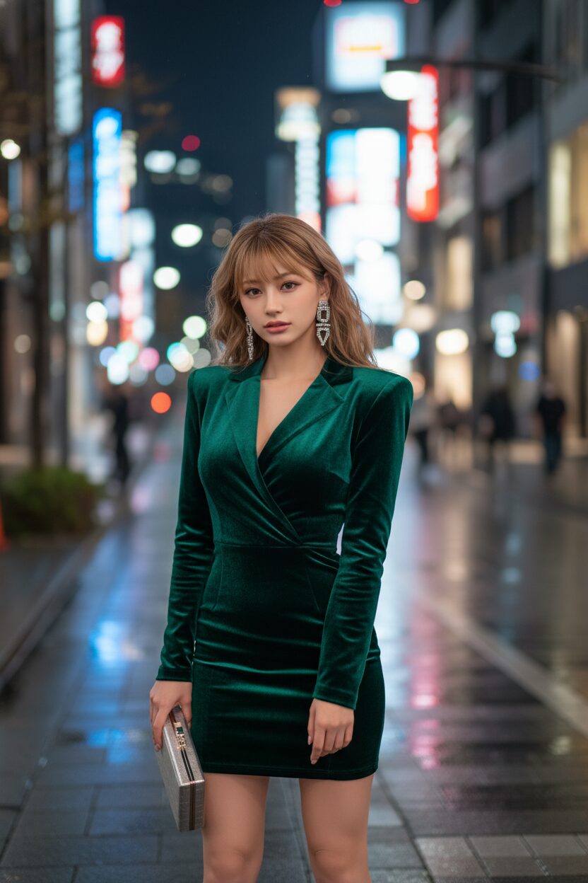 東京・銀座の夜、パーティーに向かう20代後半のおしゃれな日本人女性。パワーショルダーが特徴的なエメラルドグリーンのベルベット素材のミニドレスをまとい、大ぶりのシルバーイヤリングとメタリックなクラッチバッグを合わせている。背景のイルミネーションが美しくボケた、ストリートスタイル風の一枚。