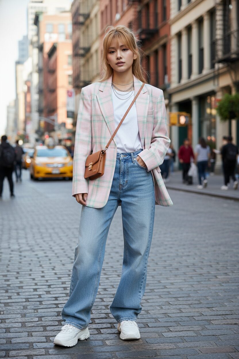 ニューヨーク・ソーホーのお洒落な街並みを背景に、パステルピンクとミントグリーンの大柄チェックのオーバーサイズジャケットに白いTシャツ、ワイドデニムを合わせた若い日本人女性が、自信に満ちた表情でポーズをとっている。足元は白い厚底スニーカーで、ストリート感あふれる着こなしだ。