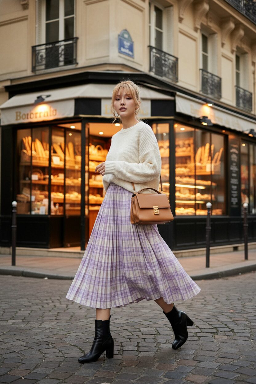 パリ・マレ地区の石畳の道を、ラベンダー色のチェック柄プリーツスカートを風になびかせながら歩く女性。上半身はクリーム色のオーバーサイズニットを合わせ、優雅でリラックスした雰囲気を醸し出している。背景には趣のあるパリの店先が写り込んでいる。