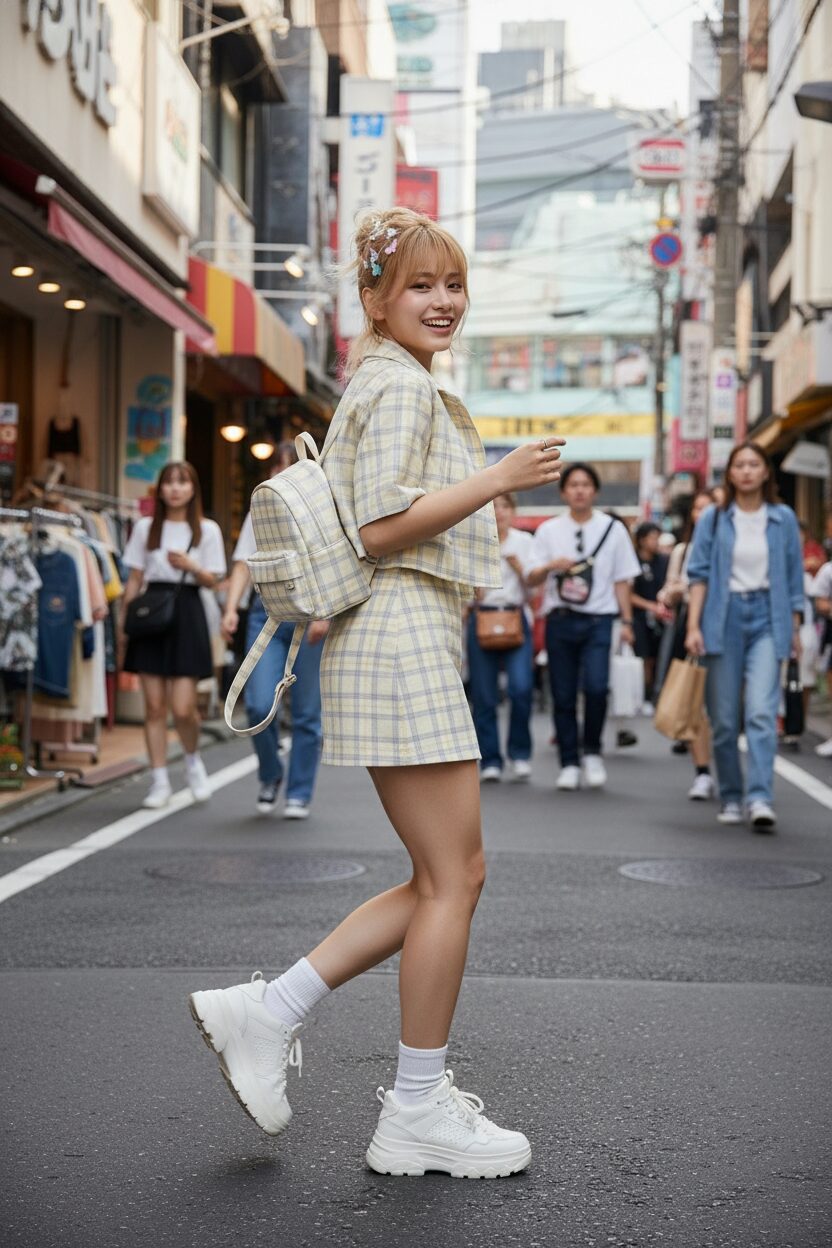 東京・原宿のキャットストリートで、淡いイエローのチェック柄ショートジャケットとミニスカートのセットアップを着た若い女性。厚底スニーカーとミニバックパックを合わせ、原宿らしいエネルギッシュで遊び心のあるポーズを決めている。
