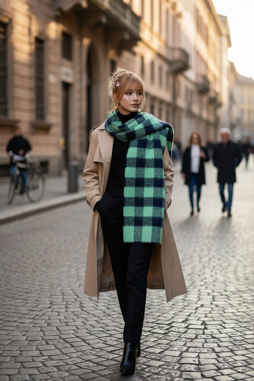 ミラノの石畳の道を歩く、洗練された装いの女性。ベージュのトレンチコートに黒のタートルネックというシックなコーディネートに、パステルグリーンの大判チェック柄マフラーが鮮やかなアクセントを加えている。午後の柔らかな光が、上品な雰囲気を一層引き立てている。