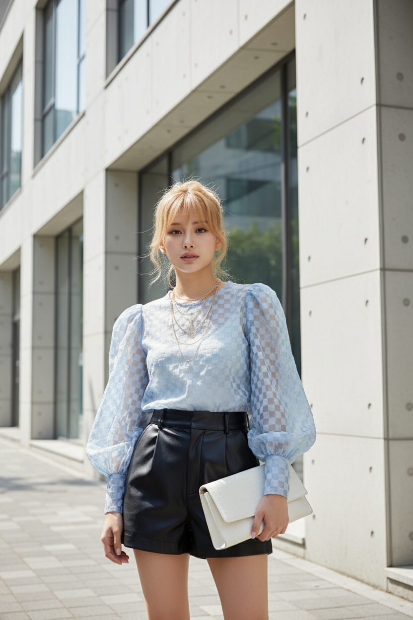 ソウルのモダンな建物を背景に、透け感のあるパステルブルーのチェック柄ブラウスと黒のレザーショートパンツを組み合わせた女性。甘めのブラウスとエッジの効いたレザーの異素材ミックスが、洗練された上級者スタイルを演出している。