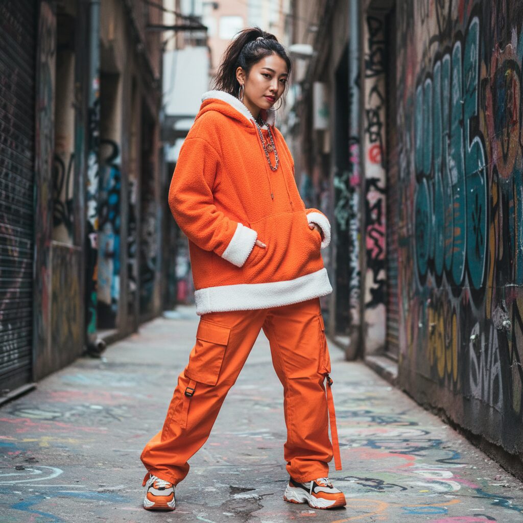 都会の路地裏、グラフィティアートを背景にポーズをとる女性。白いファー付きのオレンジ色のオーバーサイズパーカーにカーゴパンツ、スニーカーを合わせたストリート風サンタコーデで、トレンド感とカジュアルさを表現した全身写真。